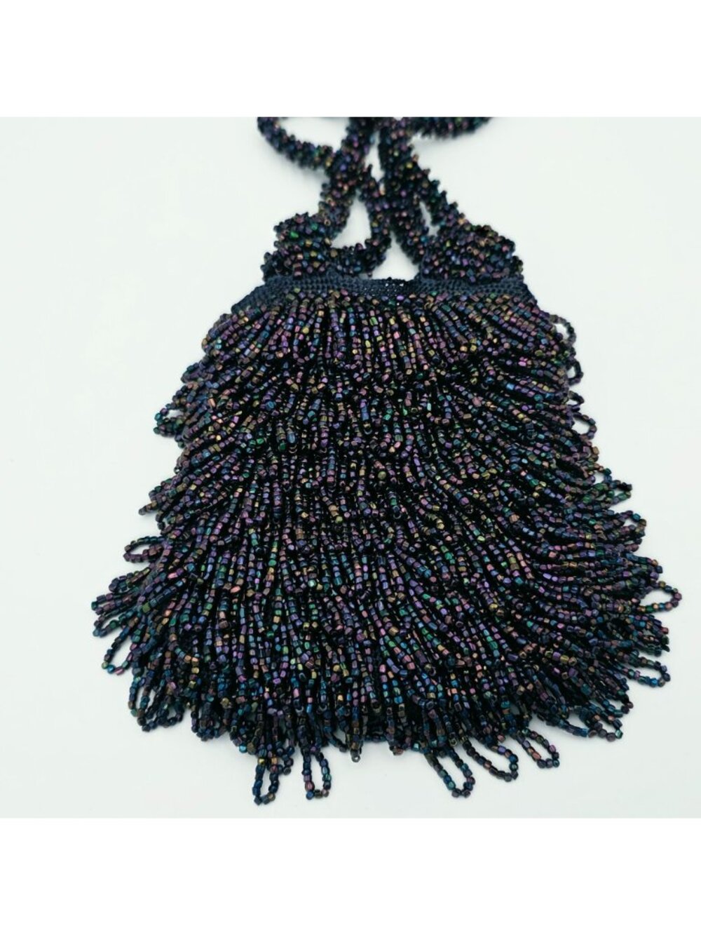 1930s  Handcrafted Beaded Black Iridescent Evening Bag With Fringe Detail - Picture 6 of 6